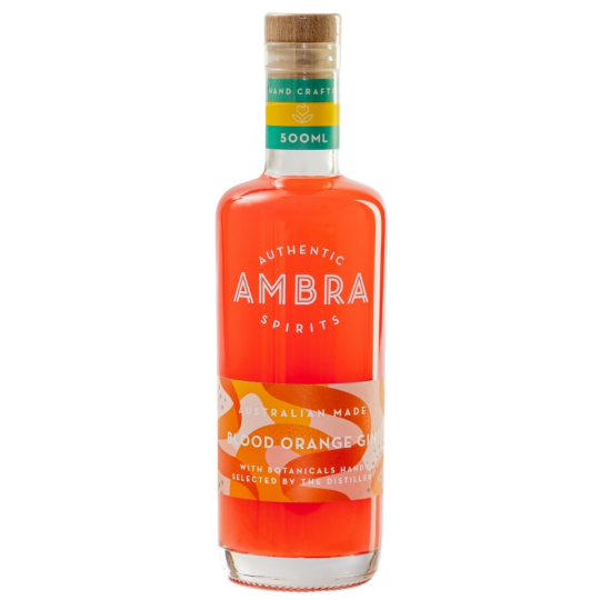Paramount Ambra Blood Orange Gin 500ml bottle with vibrant orange label and clear glass showcasing the gin inside.