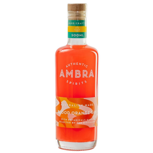 Paramount Ambra Blood Orange Gin 500ml bottle with vibrant orange label and clear glass showcasing the gin inside.