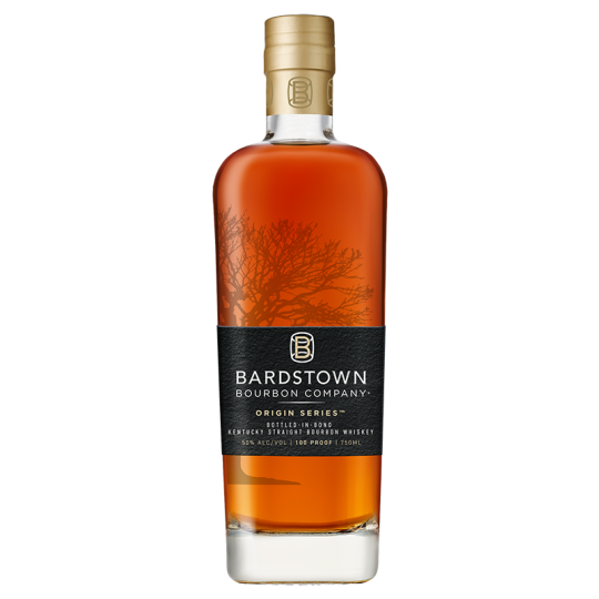 Bardstown Bourbon Co. Origin Series Kentucky Straight Bourbon Whiskey 750ml bottle with label and glass of bourbon.
