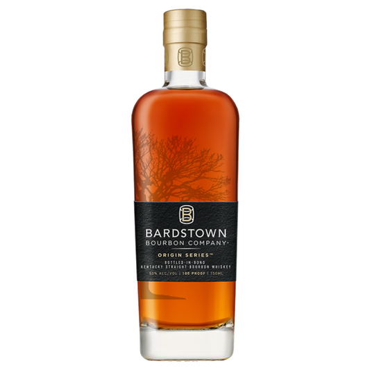 Bardstown Bourbon Co. Origin Series Kentucky Straight Bourbon Whiskey 750ml bottle with label and glass of bourbon.
