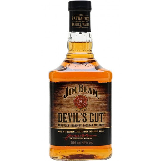 Jim Beam Devil's Cut Kentucky Straight Bourbon Whiskey in 700ml bottle with label and dark amber liquid inside.