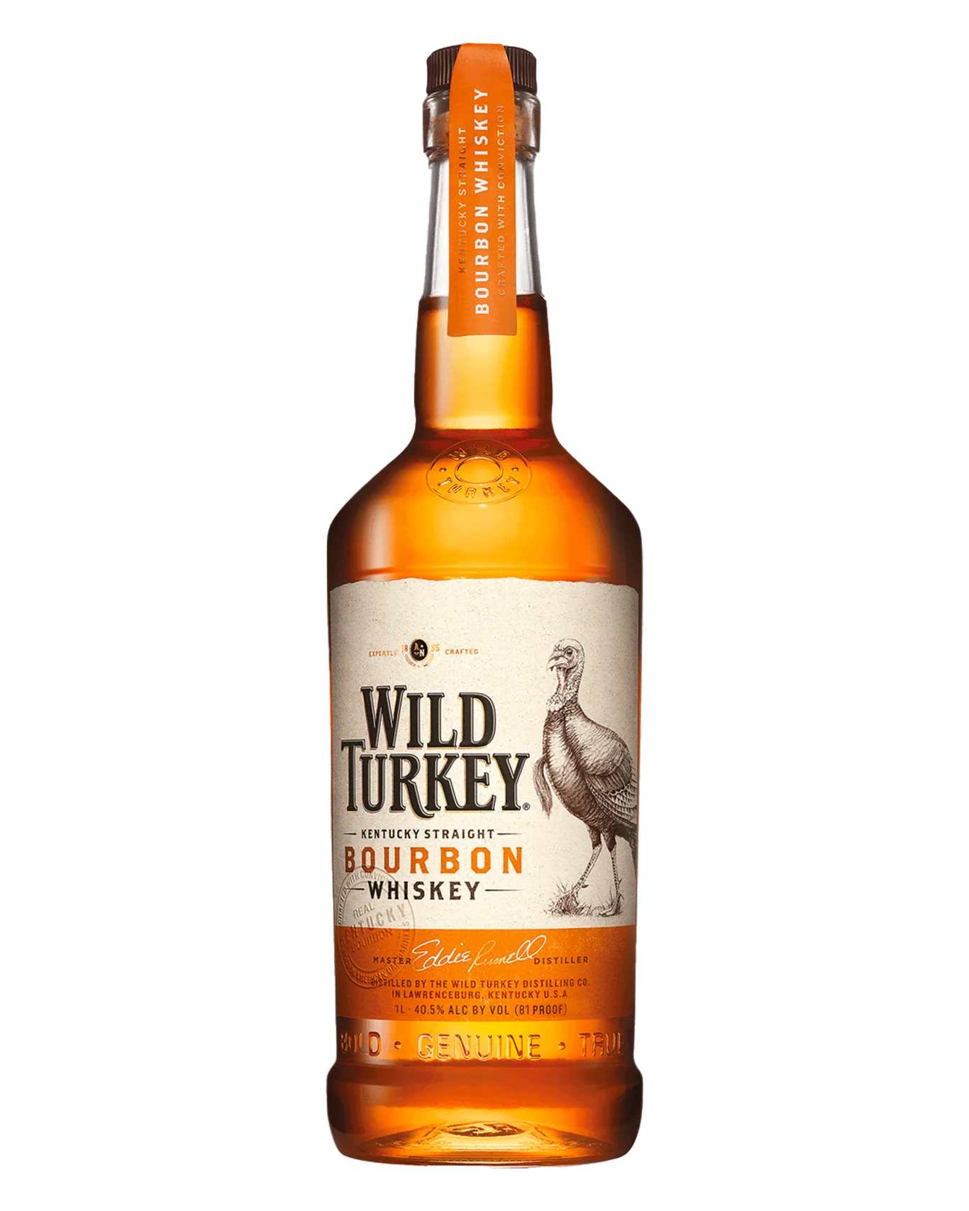 Paramount Wild Turkey Kentucky Straight Bourbon Whiskey 81 Proof 1L bottle with label and amber liquid inside.