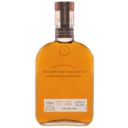 Paramount Woodford Reserve Bourbon Whiskey 375mL bottle with a dark label and amber liquid inside.