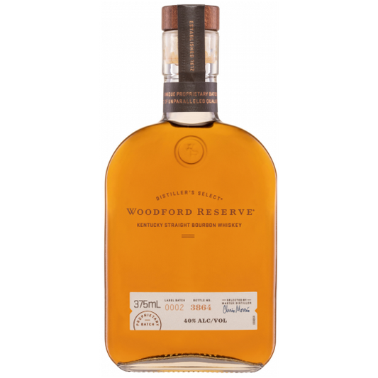 Paramount Woodford Reserve Bourbon Whiskey 375mL bottle with a dark label and amber liquid inside.