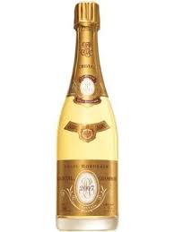 Bottle of Louis Roederer Cristal Champagne in a 750 ml bottle, featuring a clear glass with a gold and white label.