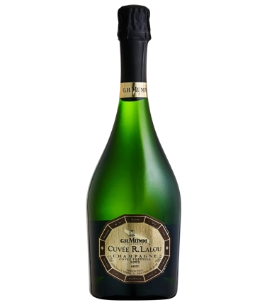 Bottle of Mumm R. Lalou Vintage Champagne by Paramount, 750ml, in elegant glass with gold foil and vintage label on the bottle.