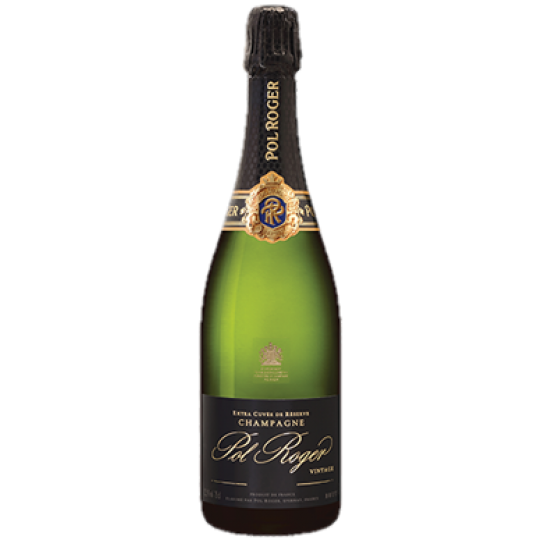 A bottle of Pol Roger Vintage Champagne by Paramount, 750mL, with elegant label and foil wrapping on a white background.