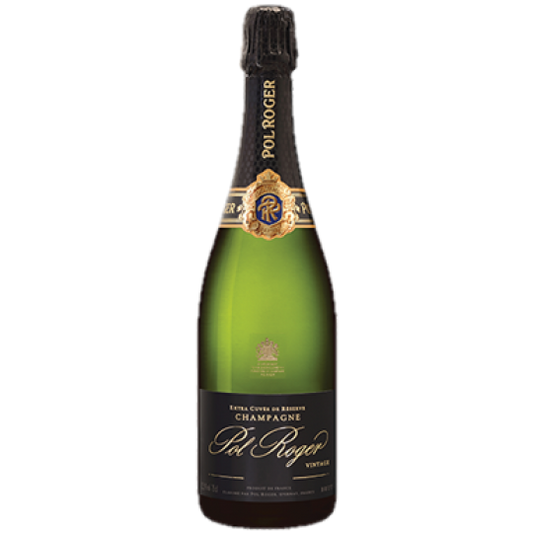 A bottle of Pol Roger Vintage Champagne by Paramount, 750mL, with elegant label and foil wrapping on a white background.