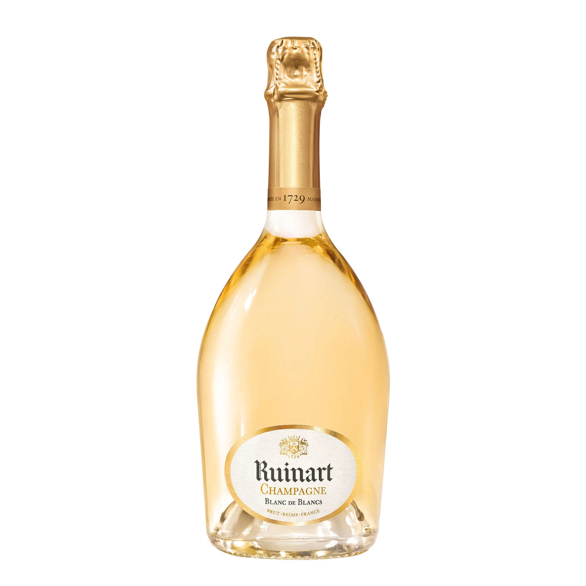 Ruinart Blanc de Blancs Champagne in a 750mL bottle, featuring clear glass with a classic champagne bottle shape and elegant label.