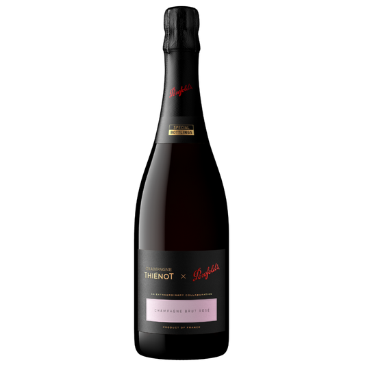 Paramount Penfolds Champagne Rose 750ml bottle with pink sparkling wine in a clear glass bottle, showcasing elegant labels.