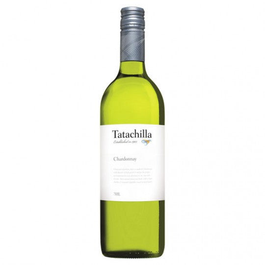 Tatachilla Chardonnay wine bottles by Paramount, 750mL each, pack of 12, featuring clear glass bottles with white and gold labels.
