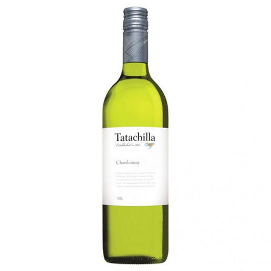 Tatachilla Chardonnay wine bottles by Paramount, 750mL each, pack of 12, featuring clear glass bottles with white and gold labels.