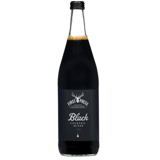 Paramount First Press Black Cold Drip Coffee Mixer 750mL bottle, cocktail mixer with dark coffee flavor and sleek black label.