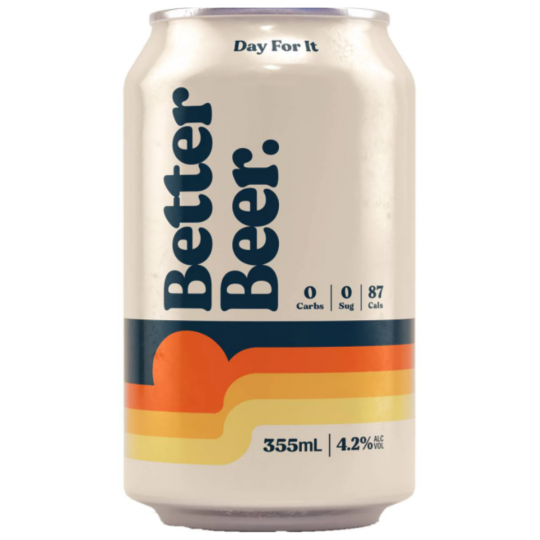 Paramount Better Beer Zero Carb Lager cans, 355ml each, in a 24-pack, showcasing the craft beer brand and packaging.