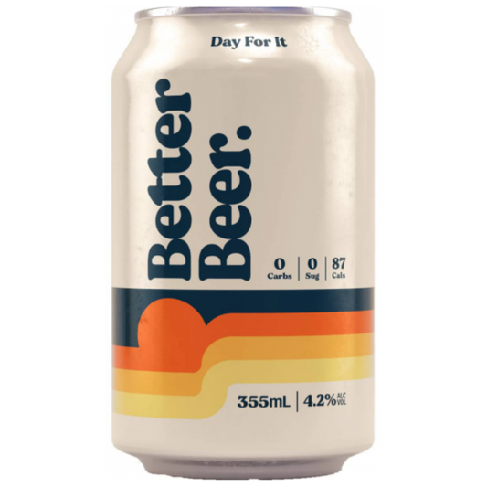 Paramount Better Beer Zero Carb Lager cans, 355ml each, in a 24-pack, showcasing the craft beer brand and packaging.