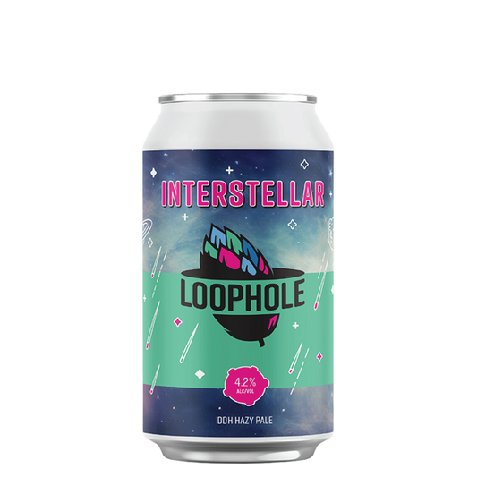 Pack of 16 Paramount Loophole Interstellar DDH Hazy Pale Craft Beers in 375ml bottles, featuring a hazy appearance and craft beer branding.