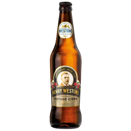 Pack of 12 Westons Henry Westons Vintage craft ciders in 500ml bottles by Paramount, displayed in a retail setting.