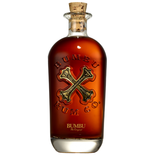 Dark rum bottle labeled Bumbu Rum The Original by Paramount, 700ml, with rich amber liquid visible inside the glass bottle.