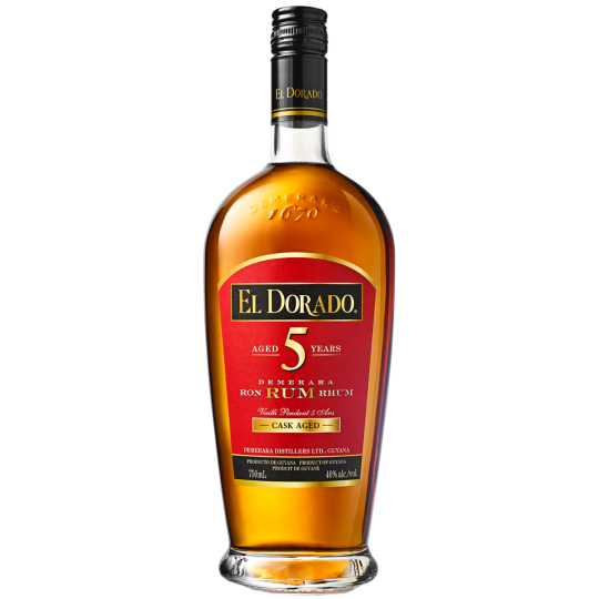 Dark rum bottle labeled El Dorado 5 Year Old Aged Rum by Paramount, 700mL, with a dark glass bottle and vintage-style label.