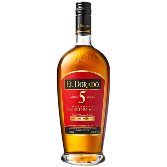 Dark rum bottle labeled El Dorado 5 Year Old Aged Rum by Paramount, 700mL, with a dark glass bottle and vintage-style label.