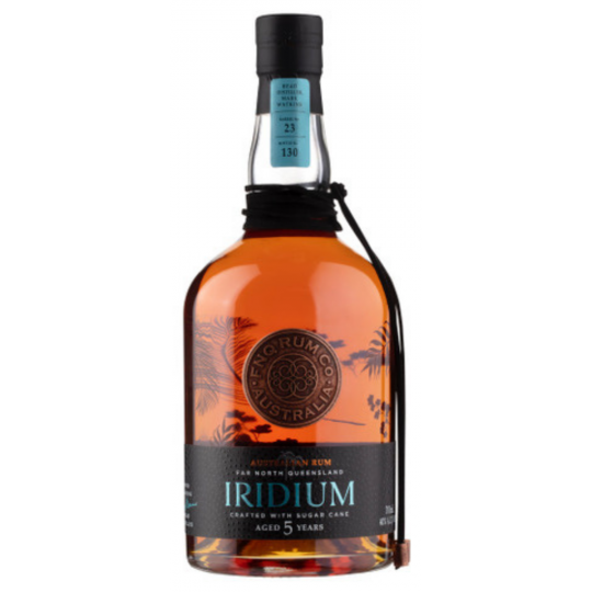 Paramount FNQ Rum Co Iridium Dark Rum 5YR bottle, 700ml, with dark liquid and label featuring dark and gold design elements.
