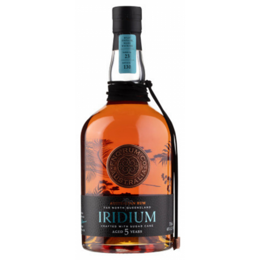 Paramount FNQ Rum Co Iridium Dark Rum 5YR bottle, 700ml, with dark liquid and label featuring dark and gold design elements.