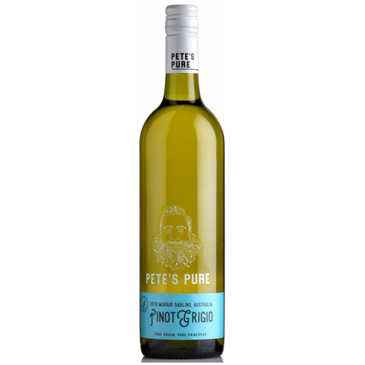 Bottle of Pete's Pure Pinot Grigio by Paramount, 750ml, with a clear label and elegant design.