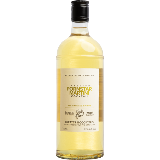 Paramount Steinbok Authentic Batching Co. Pornstar 700ml bottle with clear label and distinctive shape on a plain background.