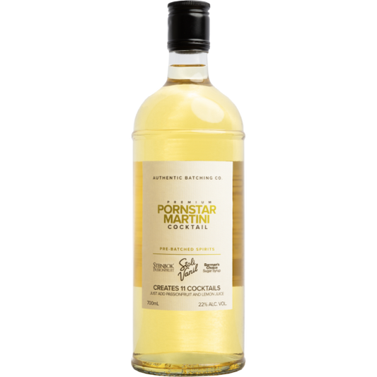 Paramount Steinbok Authentic Batching Co. Pornstar 700ml bottle with clear label and distinctive shape on a plain background.