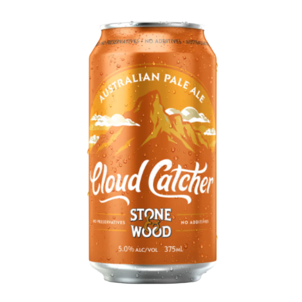 Four 375ml Stone & Wood Cloud Catcher cans by Paramount, featuring colorful packaging with a cloud design.
