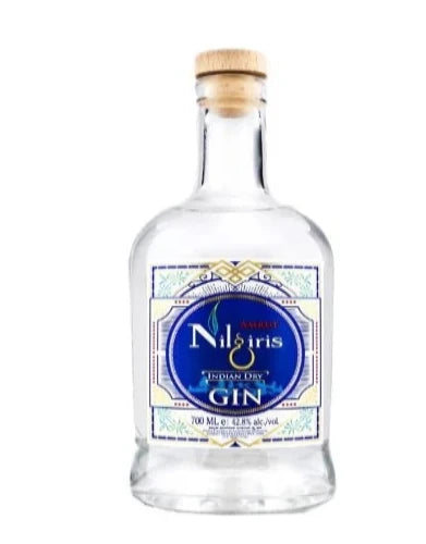 Bottle of Paramount Amrut Nilgiris Indian Dry Gin with clear label, 700ml size, 42.8% ABV, in a transparent glass bottle.
