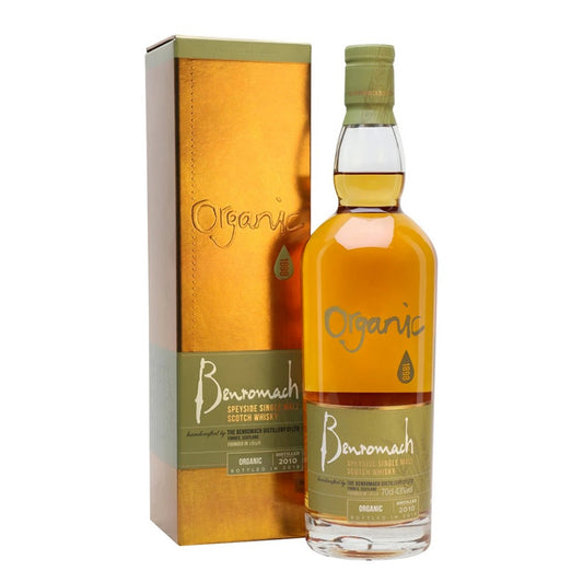 Bottle of Benromach Organic Single Malt Scotch Whisky in a 700mL bottle, displayed with its label and packaging.