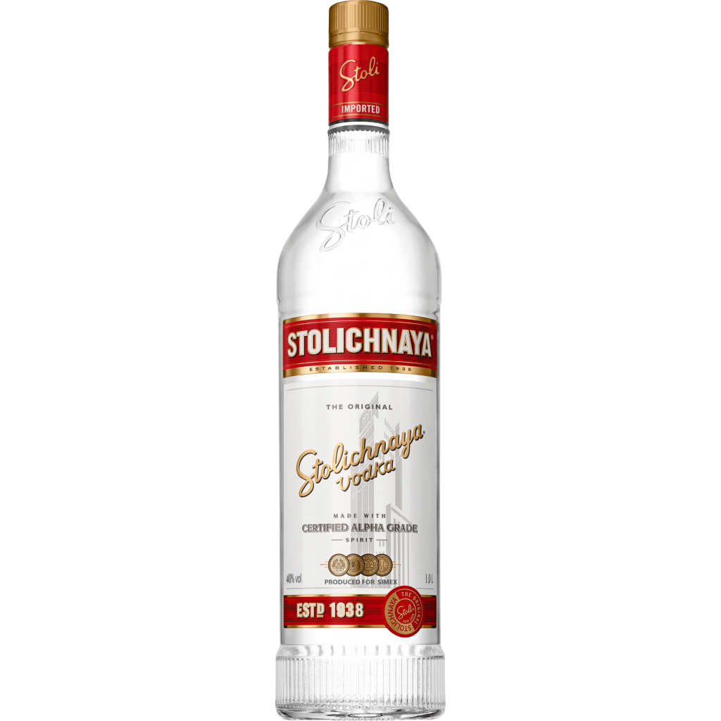 Paramount Stolichnaya Red Flavored Vodka 1L bottle with vibrant red label and clear glass container.