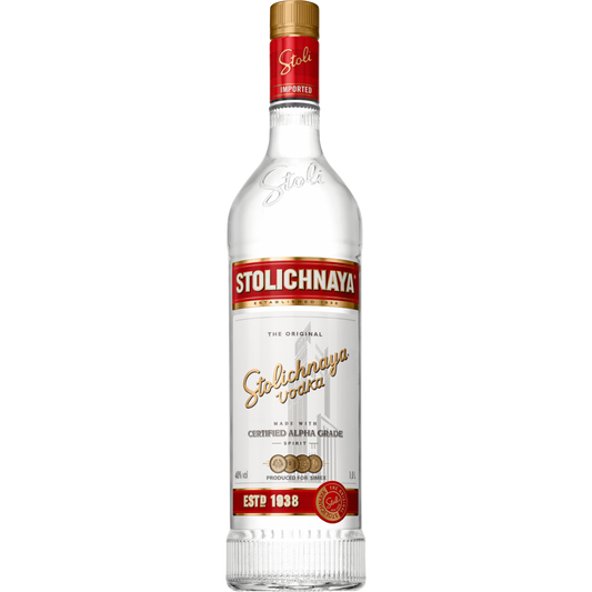 Paramount Stolichnaya Red Flavored Vodka 1L bottle with vibrant red label and clear glass container.