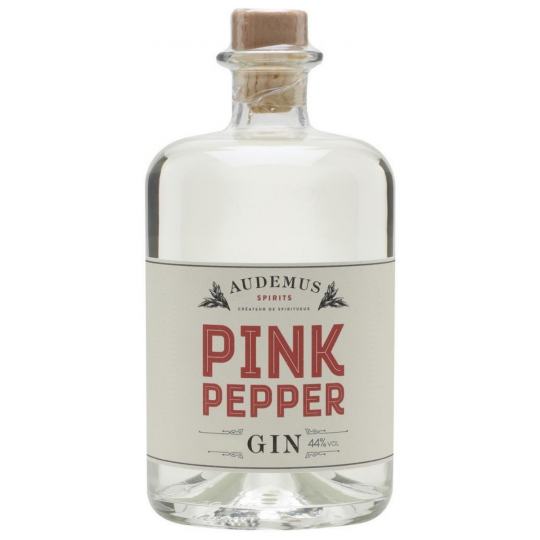 A 500ml bottle of Audemus Pink Pepper Gin by Paramount, showcasing the flavoured gin with pink peppercorns on the label.