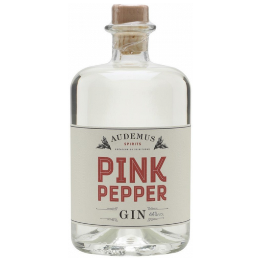 A 500ml bottle of Audemus Pink Pepper Gin by Paramount, showcasing the flavoured gin with pink peppercorns on the label.