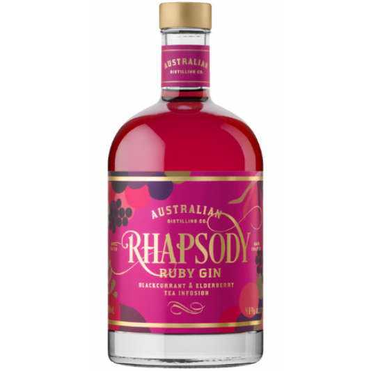 Australian Distilling Co Rhapsody Ruby Gin 700ml, flavored gin in a clear bottle with vibrant ruby color and sleek label design.