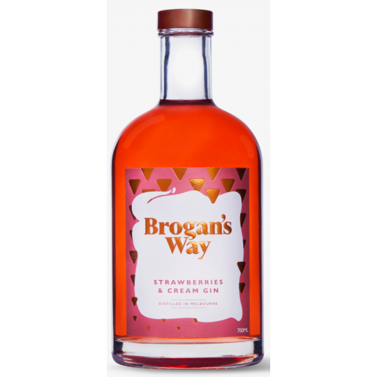 Paramount Brogans Way Strawberries & Cream Flavored Gin 700ml bottle with a pink and white label featuring strawberries and cream imagery.