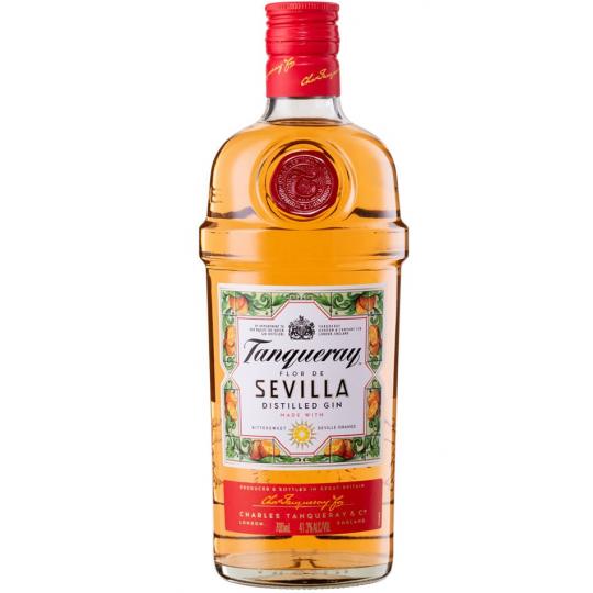 Paramount Tanqueray Sevilla flavoured gin 700ml bottle with distinctive label and clear glass showcasing the golden liquid inside.