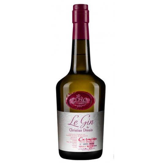 Christian Drouin Le Gin Carmina Dry Raspberry Flavored Gin in 700ml bottle, showcasing the elegant bottle design and raspberry infusion.