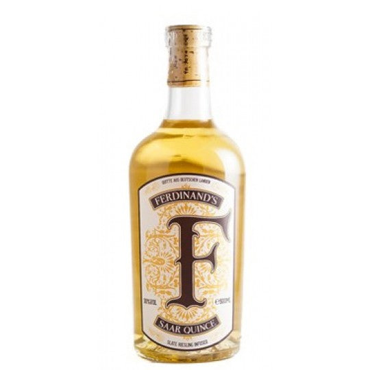Ferdinand's Quince Gin in a 750ml bottle, flavored gin by Paramount, with a clear bottle showcasing the golden gin inside.