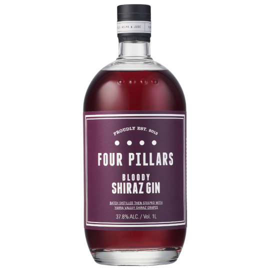 Paramount Four Pillars Bloody Shiraz Gin 1L bottle, flavored gin with deep red hue and label featuring the Four Pillars branding.