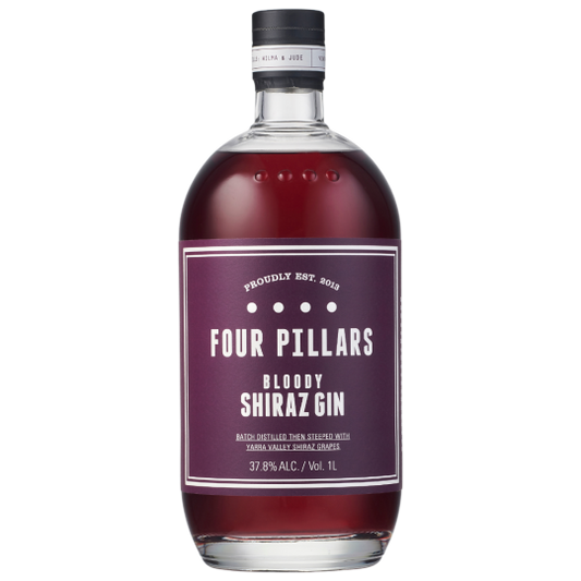 Paramount Four Pillars Bloody Shiraz Gin 1L bottle, flavored gin with deep red hue and label featuring the Four Pillars branding.