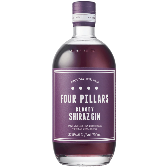 Paramount Four Pillars Bloody Shiraz Gin 700mL bottle with dark red liquid and label featuring bold lettering and elegant design.