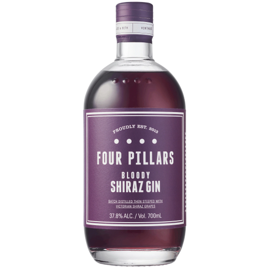 Paramount Four Pillars Bloody Shiraz Gin 700mL bottle with dark red liquid and label featuring bold lettering and elegant design.