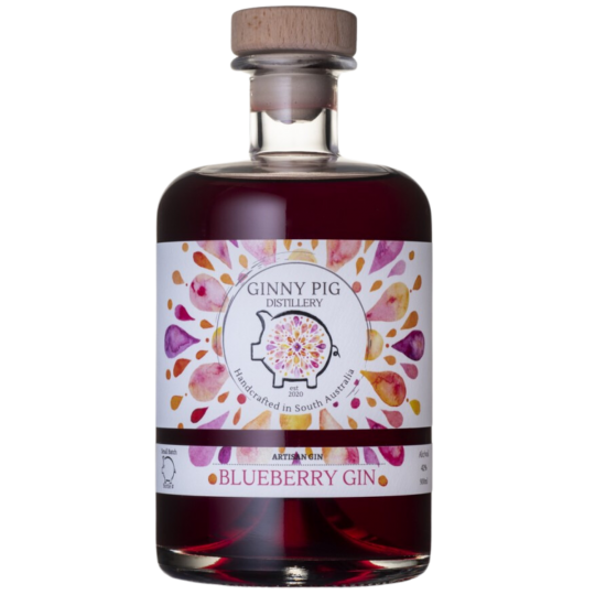 Paramount Ginny Pig Distillery Blueberry Flavored Gin 500ml bottle with vibrant blue label and blueberry illustrations.