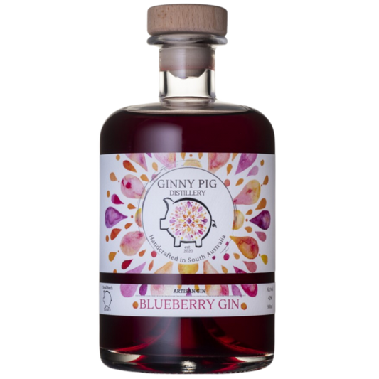 Paramount Ginny Pig Distillery Blueberry Flavored Gin 500ml bottle with vibrant blue label and blueberry illustrations.