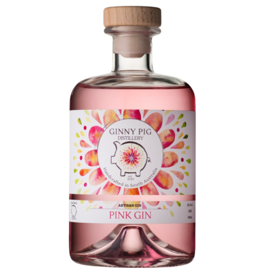 Paramount Ginny Pig Distillery Pink Flavored Gin 500ml bottle with pink hue and distinctive label, showcasing the product's vibrant appearance.