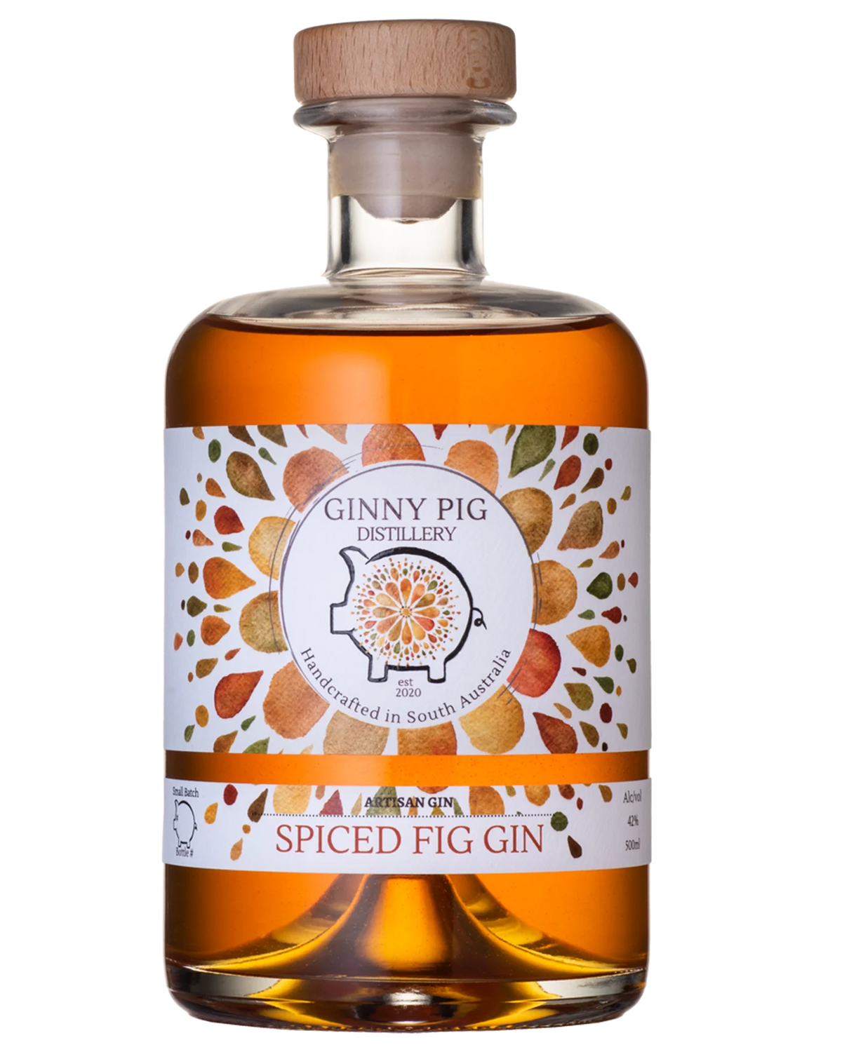 Paramount Ginny Pig Distillery Spiced Fig Flavored Gin 500ml bottle with label and dark amber liquid inside.