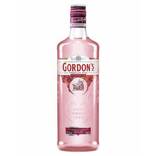 Gordon's Pink Gin 700ml bottle, flavored gin from Paramount with pink hue, displayed on a plain background.